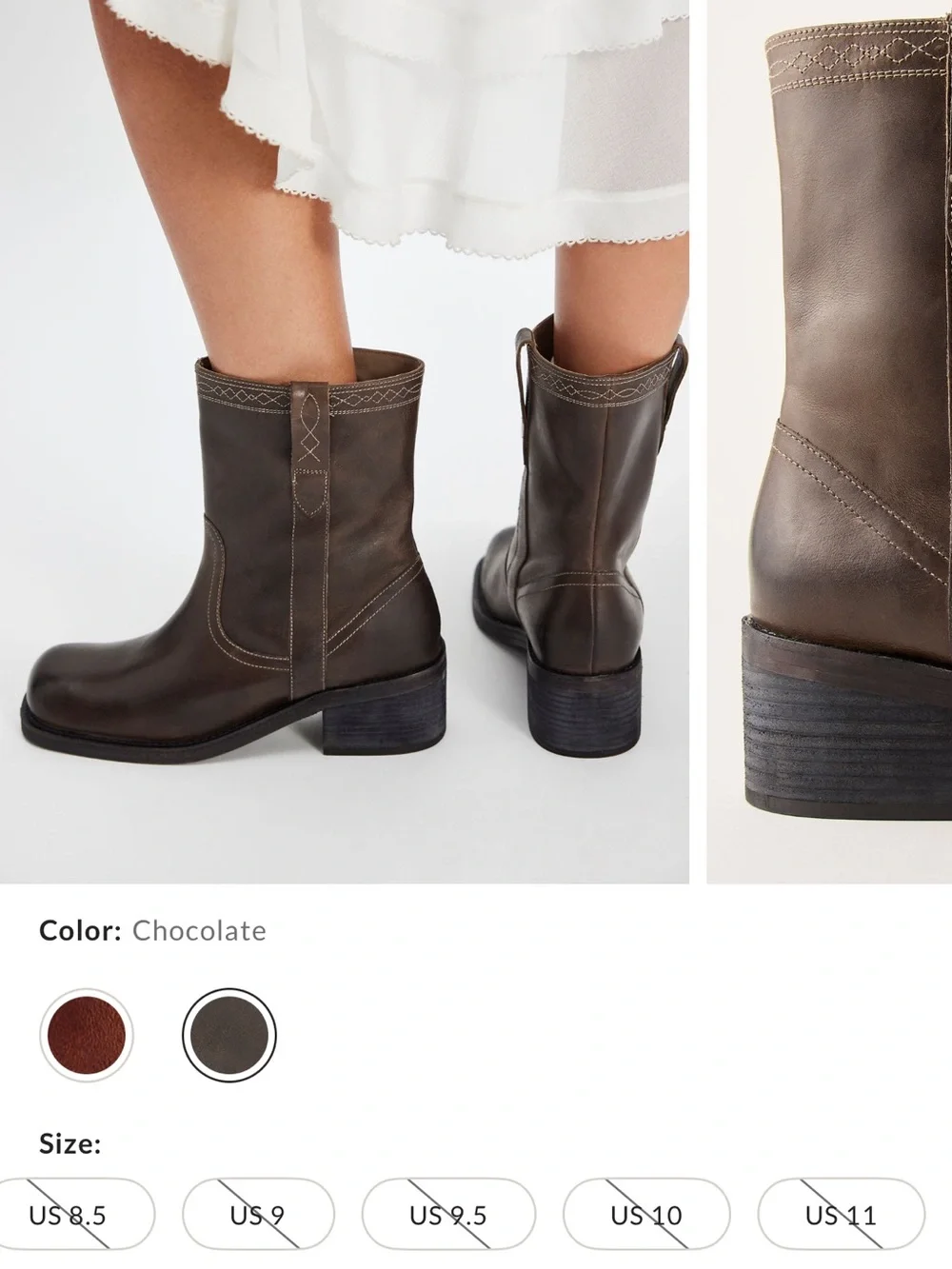 Free People Dark Brown Leather Mid-Calf Western Heeled Boots